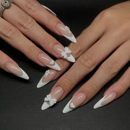 White French Short Press on Nails 3D Bowknot Designs Nude Color Fake Nails Artificial False Nails Tips for Woman DIY Manicure