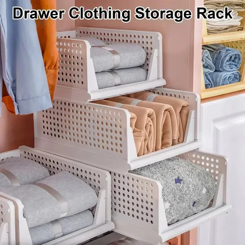 Stackable Clothes Storage Drawer Folding Plastic Organizer High-capacity Layered Partition Clothes Basket Household Storage Box