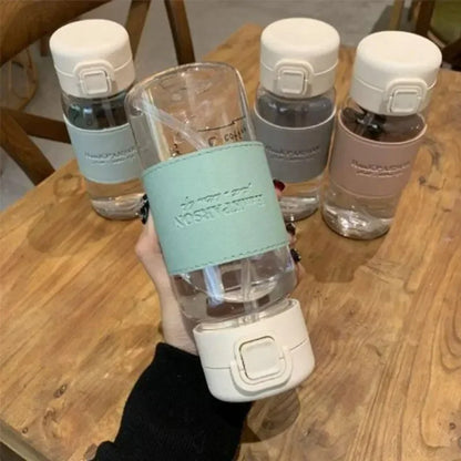 500Ml Portable Plastic Water Bottles with Straw Anti-scalding Leather Case Non-leaking Cute Bottle Outdoor Drinkware