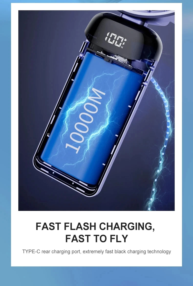 Portable mini fan that can be folded and hung around the neck, 5-speed USB charging fan, supporting phone and display screen,