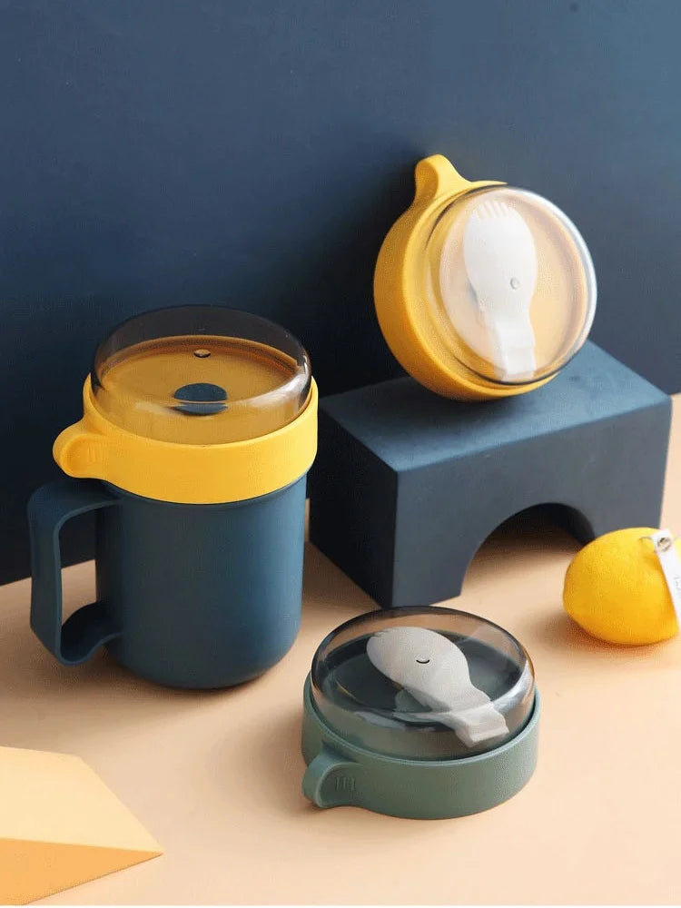 500ML Portable Breakfast Cup Oatmeal Cup Cereal Nut Yogurt Mug Snack Cup Soup Mug Microwave with Lid Spoon for Kitchen Tools