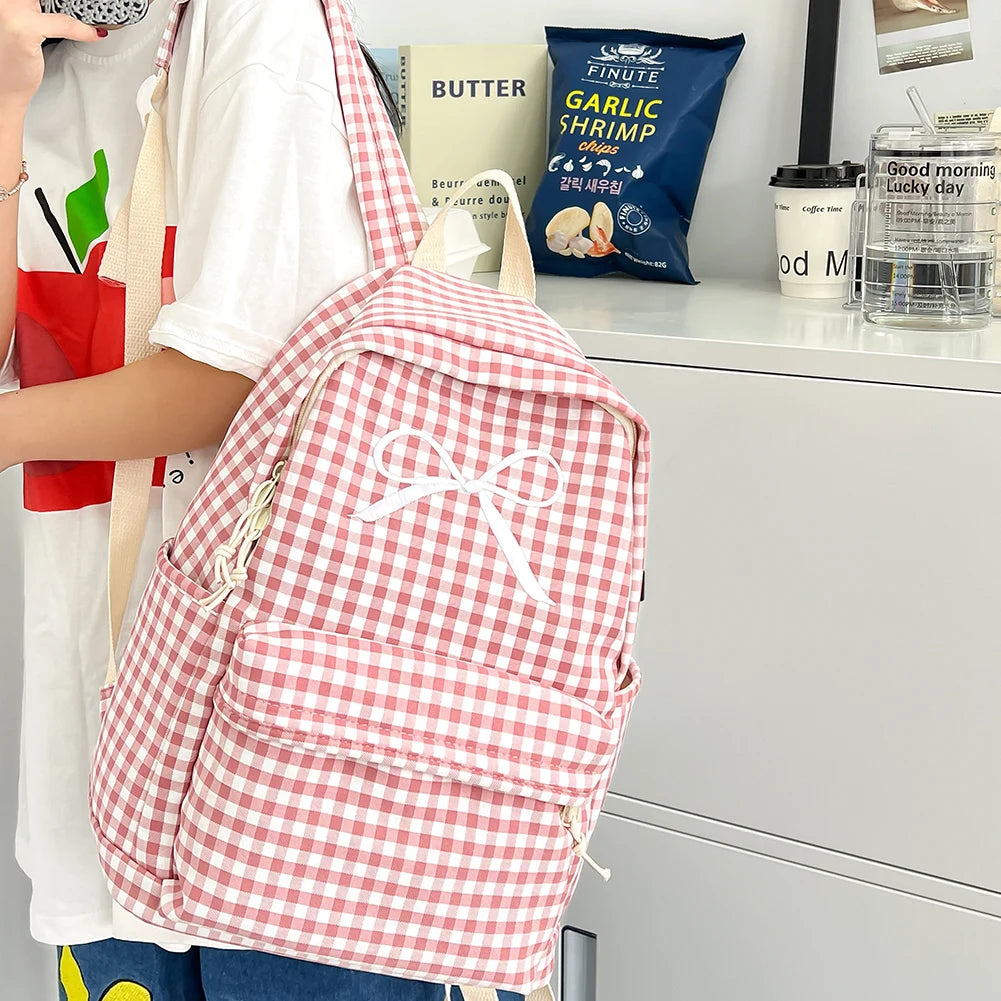 Cute Bowknot Plaid School Backpack Lightweight School Bag Nylon Student Rucksack for Girls Women High School College Work