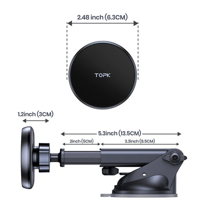 TOPK Mag-Safe Magnetic Car Phone Holder Car Mount for Windshield and Dashboard[Strong Suction]Adjustable Long Arm for Cellphones