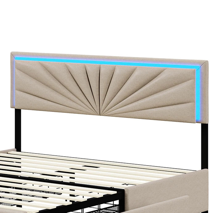 Double Bed, Upholstered Bed 160 x 200 cm, LED Bed Frame, Storage Bed with 4 Drawers and Slatted Frame, Headboard, Youth Bed