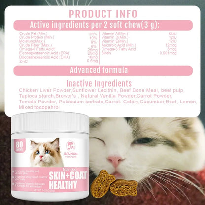 Skin & Coat Cat Chews - Omega 3, Vitamin E, Biotin Supplements for Healthy Skin, Glossy Coat & Anti - Shedding, Salmon Flavor