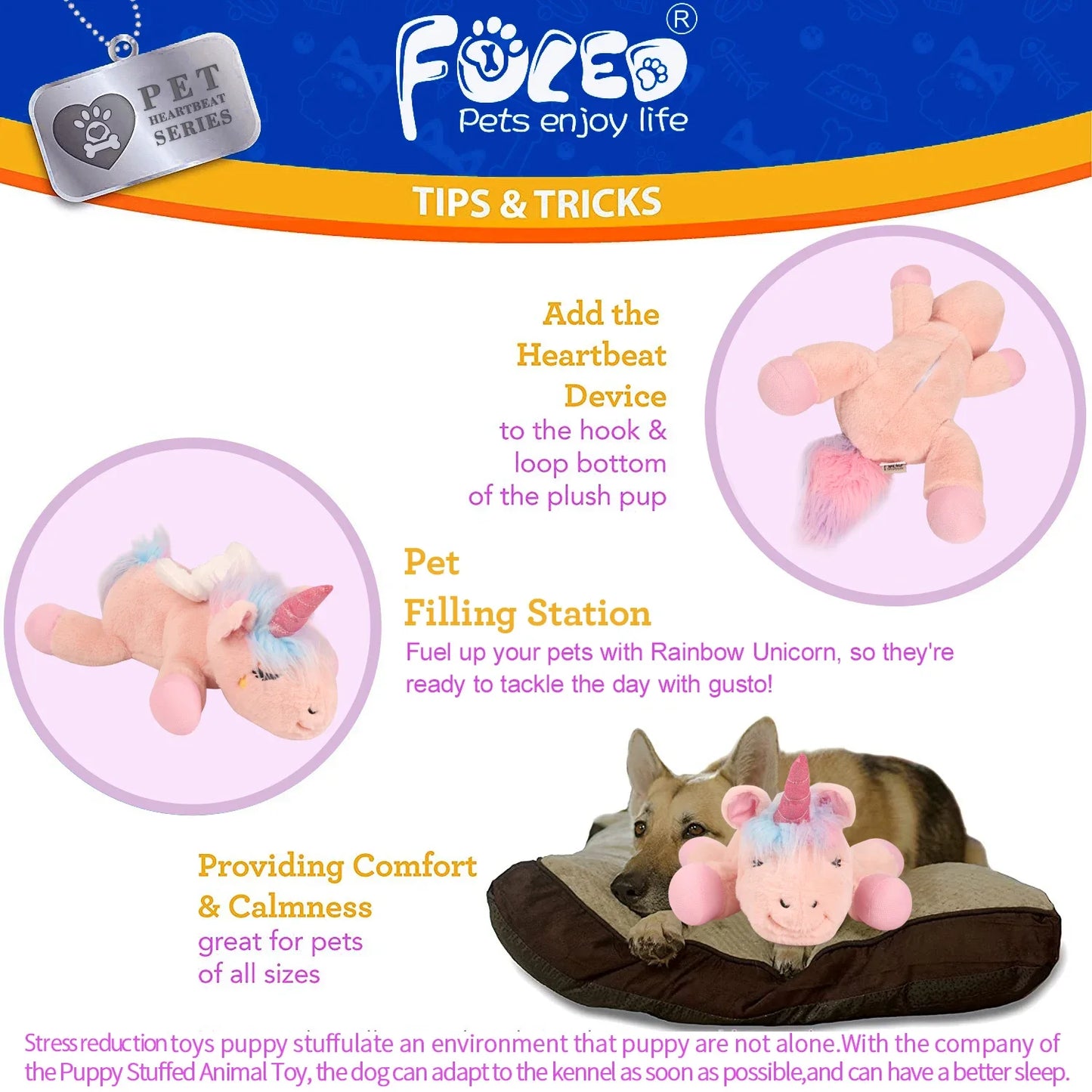 PETFULED Unicorn Heartbeat Dog Toys Plush Toys Comfort Puppy Toys Stress Reducing Sleep Aid Crate Toys, Durable Chew Toys for Do