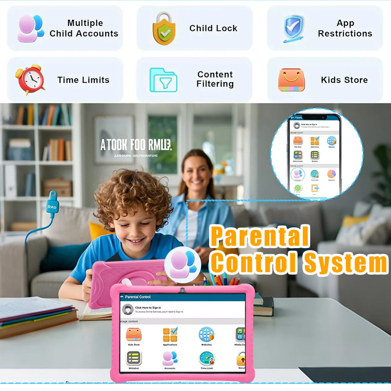 Cartoon Pattern Kids Tablet 10.1 Inch Android Learning Education Games Tablets, with Parent Control , Children's Gifts