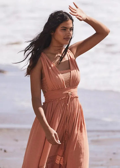 canwedance Summer Beach Dress Sleeveless Cotton Maxi Dresses Boho Style Solid Color Lace Ruffled Sundress Mujer Vestidos