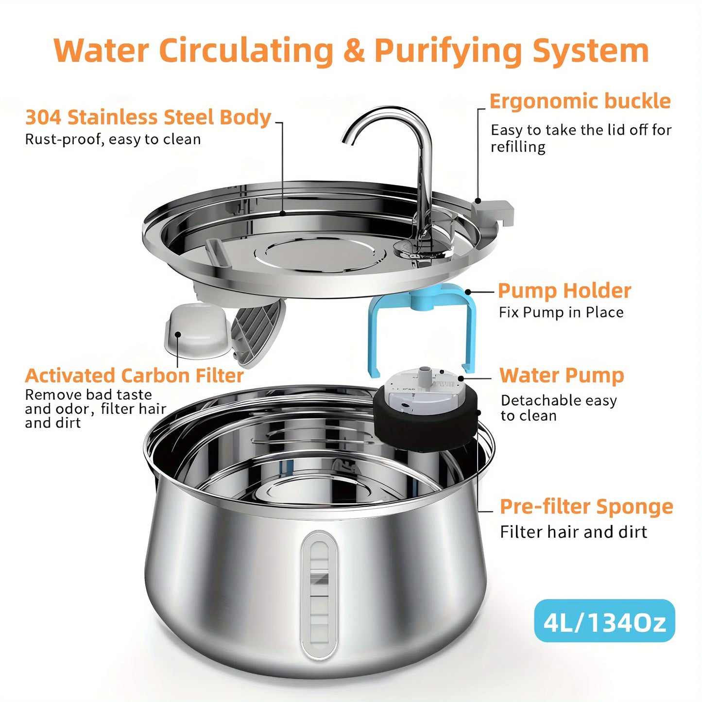 Damaly,4L Autofeeder Stainless Steel Cat Water Fountain with Ultra-Quiet Pump - USB Powered