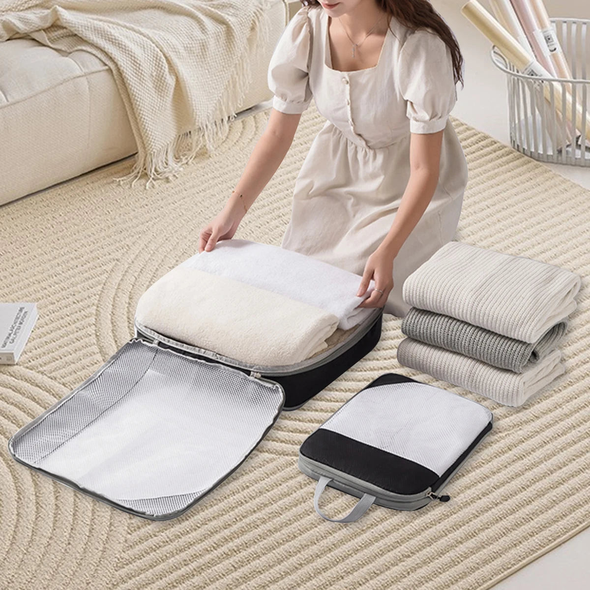 Set/6Pcs Compressible Packing Travel Storage Bag Cubes Waterproof Suitcase Portable Luggage Organizer With Handbag Packing Bag