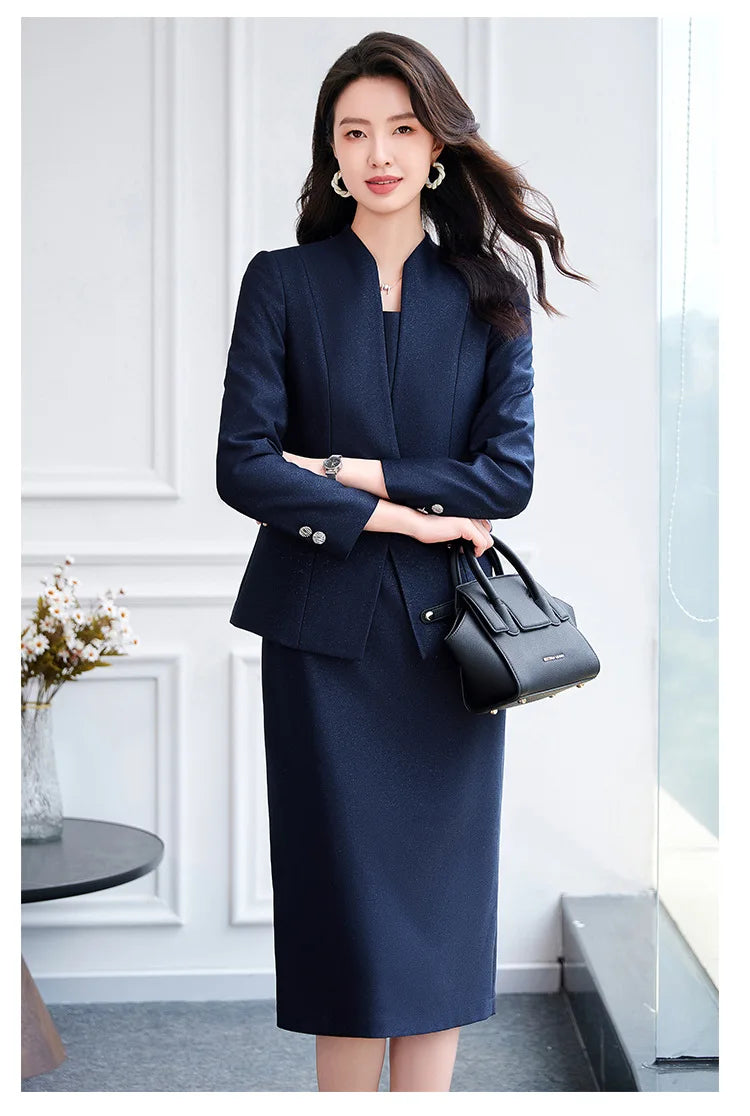 Office Suit Women Collarless Blazer + Vest Dress Set Executive Lady Workwear Elegant 2 Piece Set Long Sleeve Pink Suit Jacket