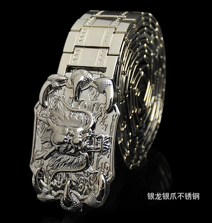 Men's belt metal stainless steel belt silver dragon retro-cologne silver belt high-end designer steel belt personality belt