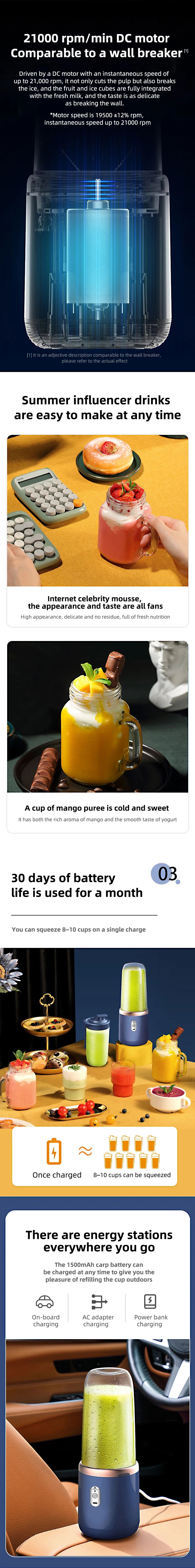 40W Portable Blender Cup with Sharp Blades 1500mAh Battery Double Cups for Smoothie Juice Shakes Travel Camping Picnic Home Use