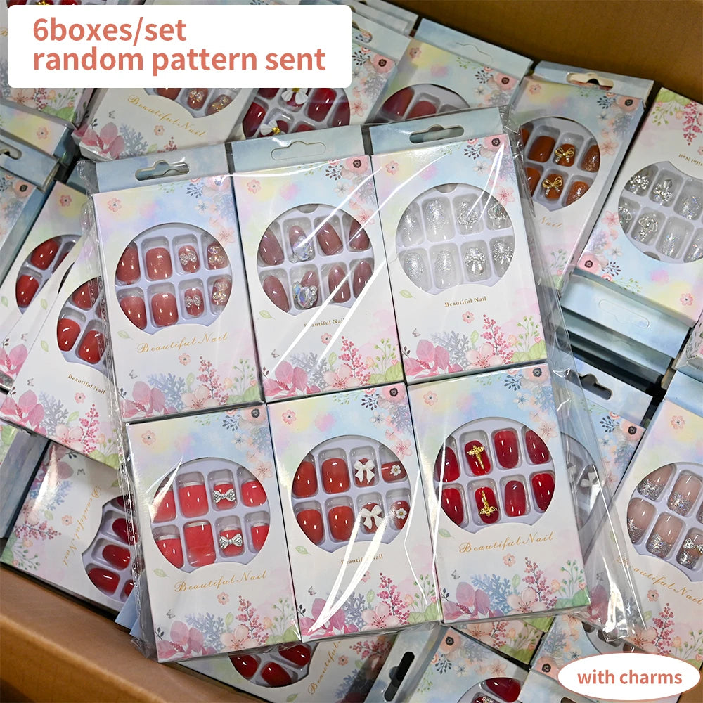 144pcs=6boxes Randomly Press On Nails Short Square Medium Almond Nail Kits 3D Rhinestone Flower Bowtie Reusable Press On Nails