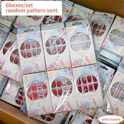 144pcs=6boxes Randomly Press On Nails Short Square Medium Almond Nail Kits 3D Rhinestone Flower Bowtie Reusable Press On Nails