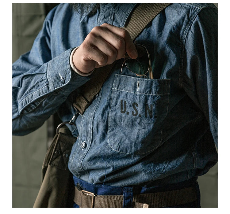 Bronson Repro USN Chambray Work Shirt Rugged Men's Selvedge Workwear Light Blue