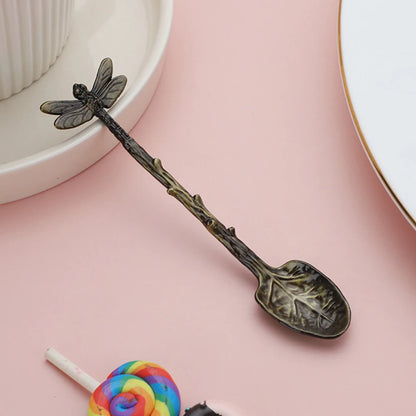 New Retro Coffee Spoon Dragonfly Twig Decorative Stirring Spoon Alloy Leaf Spoon Forest Style Portable Dessert Spoon Tea Spoon