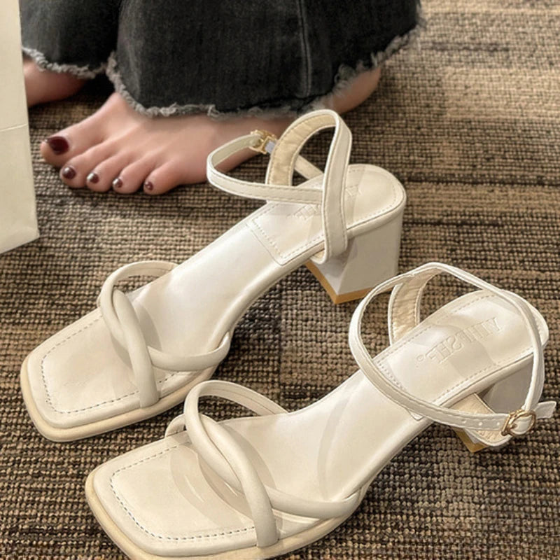 Sandals, 2024 Summer New Fashion Gentle Retro Chunky Non-slip Sandals, A Line with 5cm High Heels Summer Beach Sandals