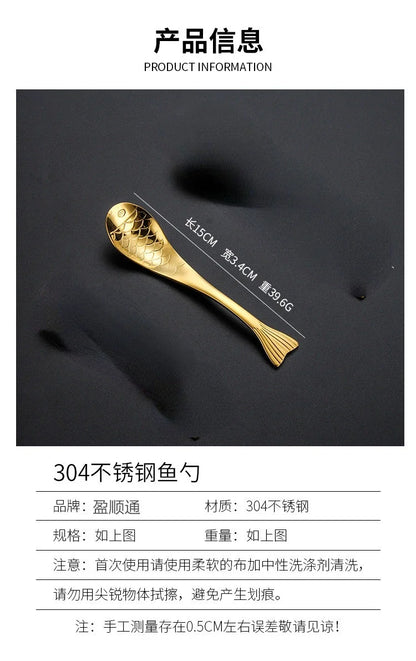 304 stainless steel spoon spoon creative fish-shaped cartoon fish spoon dessert spoon rice spoon gold-plated  stirring spoons