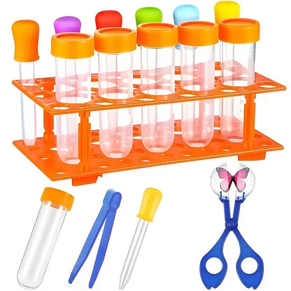 Sports skill development tool kit, including extra large test tubes, colored silicone droppers, durable orange storage boxes and