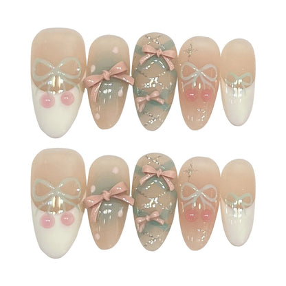 Gentle Nude Handmade Press On Nails With 3D Bowknot Decor Reusable Adhesive False Nails 10pcs Short Long Almond Shape Fake Nails