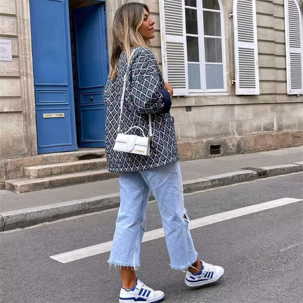 PB&ZA2024 Autumn New Women's Fashion Style Versatile Quilted Cotton Printed Loose Cotton Clothes Cotton Jackets