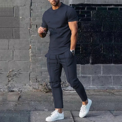 Sports Set Mens Fall 2023 Summer Solid Casual Round Neck Short Sleeve Sports T-shirt Two Piece Set for Men
