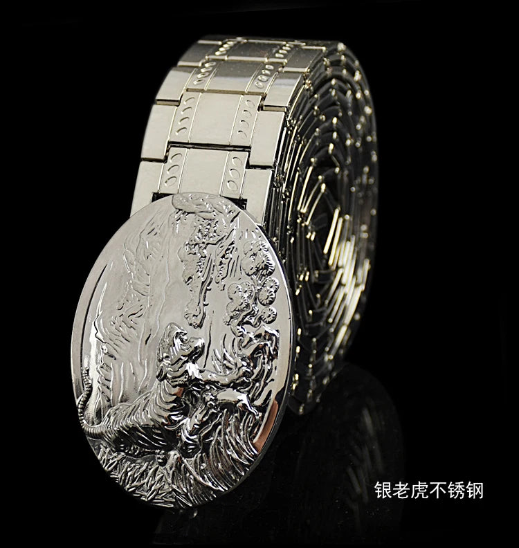 Men's belt metal stainless steel belt silver dragon retro-cologne silver belt high-end designer steel belt personality belt