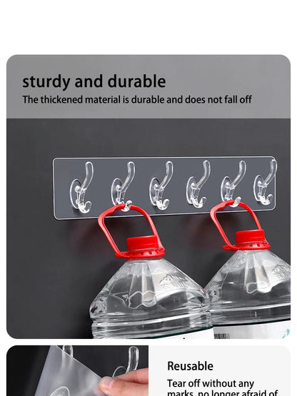 Transparent 6 Row Hooks No Trace Strong Hooks Sticky Rear Row Hooks for Hanging Towels Clothes and Coats Bathroom Accessories