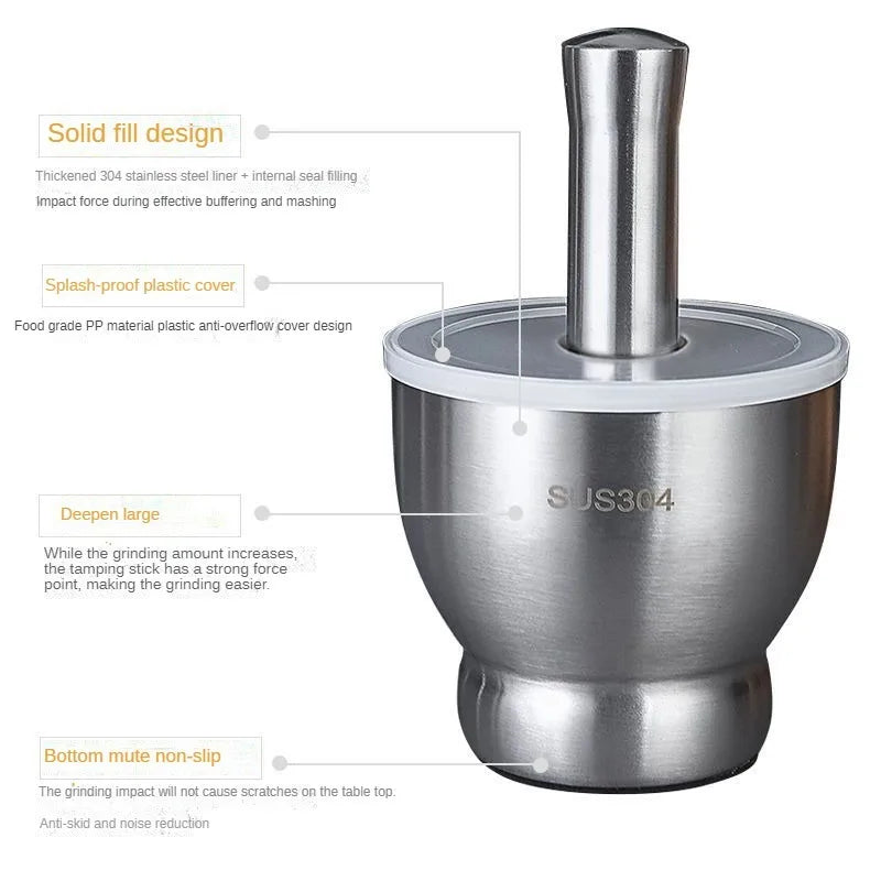 Stainless Steel Mortar and Pestle Kitchen Garlic Pugging Pot Pharmacy Bowl Pepper Spice Grinder Pot Household