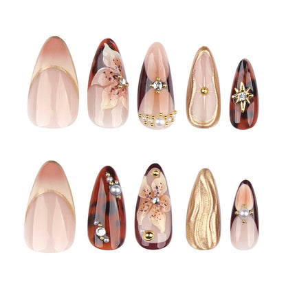 24Pcs Gold Ripple Brown Flowers False Nails with Rhinestones Pearl Design Wearable Almond False Nails Full Cover Press on Nails