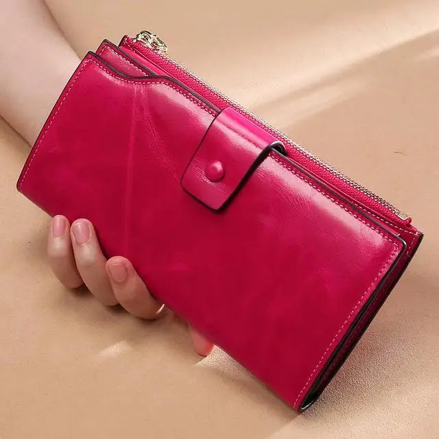 RFID Blocking 100% Genuine Leather Women Wallet Long Lady Purse Brand Design Luxury Bag Oil Wax Card Holder Female Coin Clips