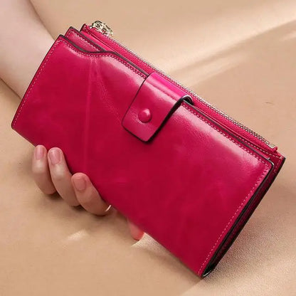RFID Blocking 100% Genuine Leather Women Wallet Long Lady Purse Brand Design Luxury Bag Oil Wax Card Holder Female Coin Clips