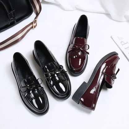 Womens Shoes Patent Leather Women Loafers British Tassel Casual Female Flat Shoes Bowknot Comfortable Small Leather Shoes