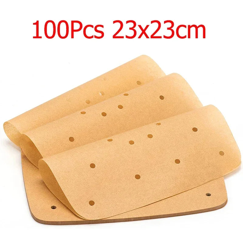100/Pcs Air Fryer Parchment Paper Liners 23cm Perforated Disposable Air Fryer Liners Square Parchment Paper Kitchen Tools