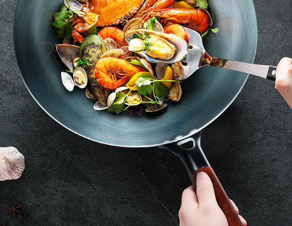 Flat Bottom Wok Pan 13.5" Woks and Stir Fry Pans Blue iron Cookware Traditional Chinese Cookware for Electric Induction Cooktops