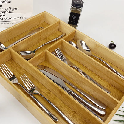 Expandable Drawer Tray Cutlery Organizer Kitchen Silverware Utensil Flatware Cutlery Spoons Knives Bamboo Storage Tray