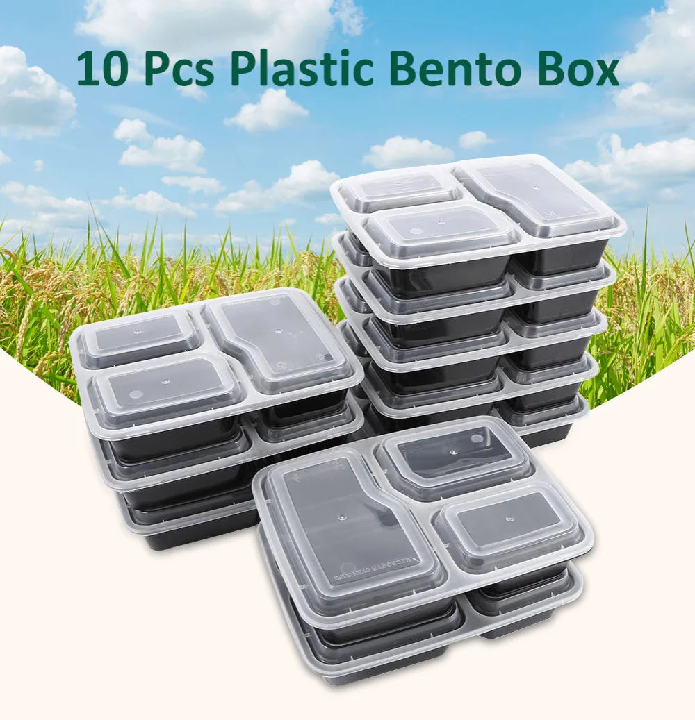 Plastic Reusable Bento Box Meal Storage Food Prep Lunch Box 3 Compartment Reusable Microwavable Containers Home Lunchbox