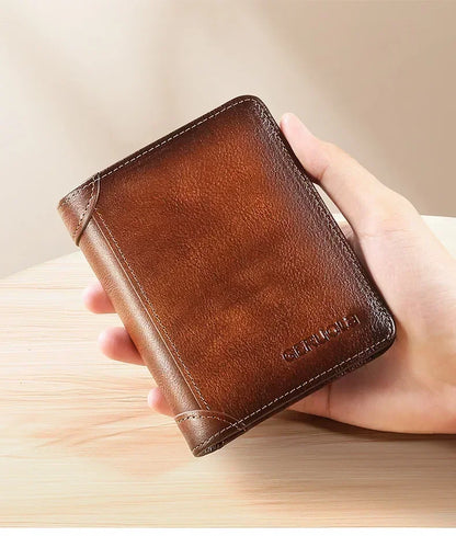Men's Wallets RFID Blocking Genuine Leather Trifold Business Short Purse Wallet for Men with ID Window and Credit Card Holder
