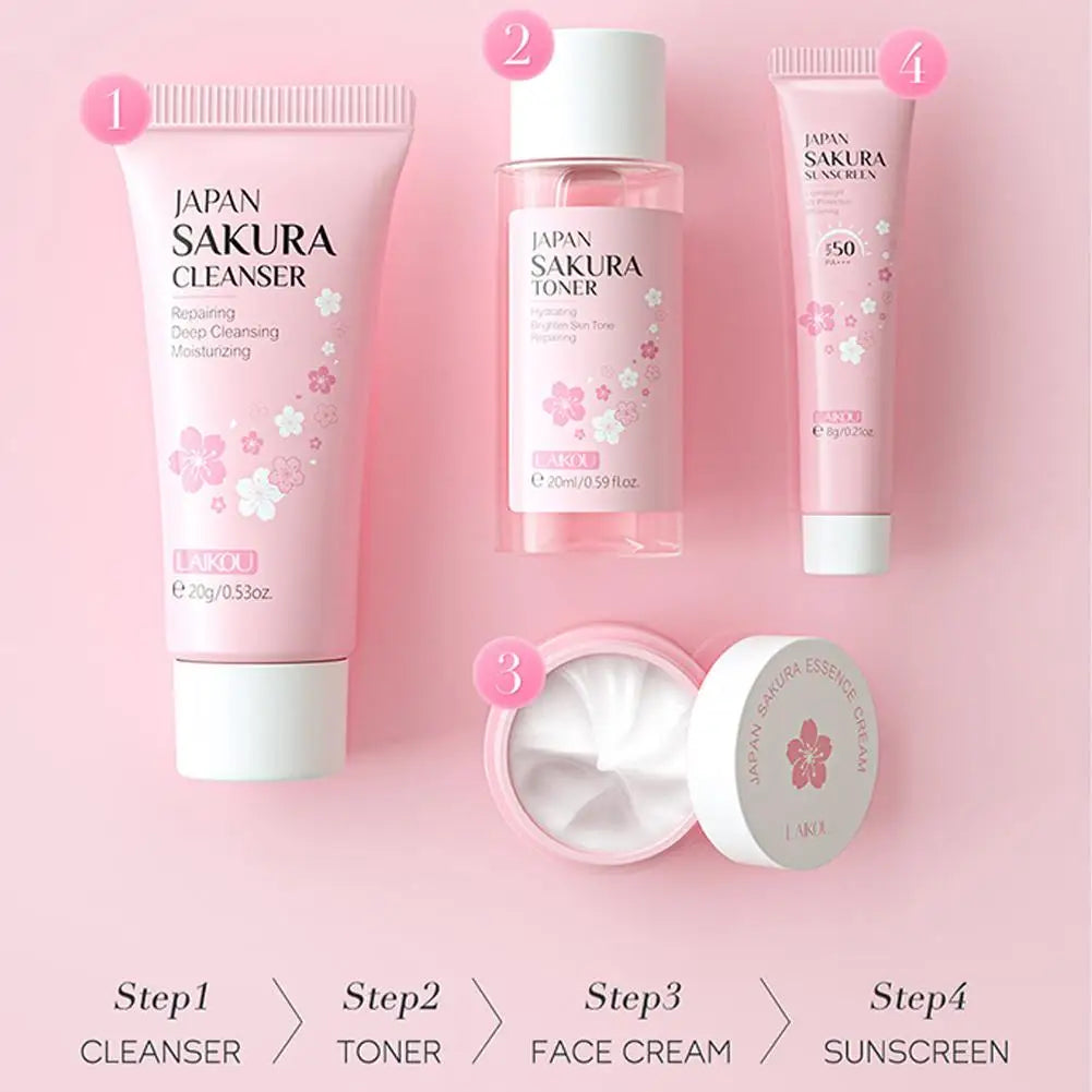 Sakura Skin Care Set facial Cleanser,Serum,Toner,Sunscreen,facial cream Beauty skin care For Women Gifts Routine Travel Kit