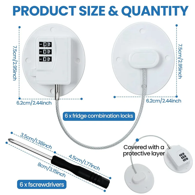 A36T-6 Pcs Cabinet Locks With Combination Fridge Lock Combo Child Safety Combination Lock With 6 Screwdrivers (White) Easy Insta