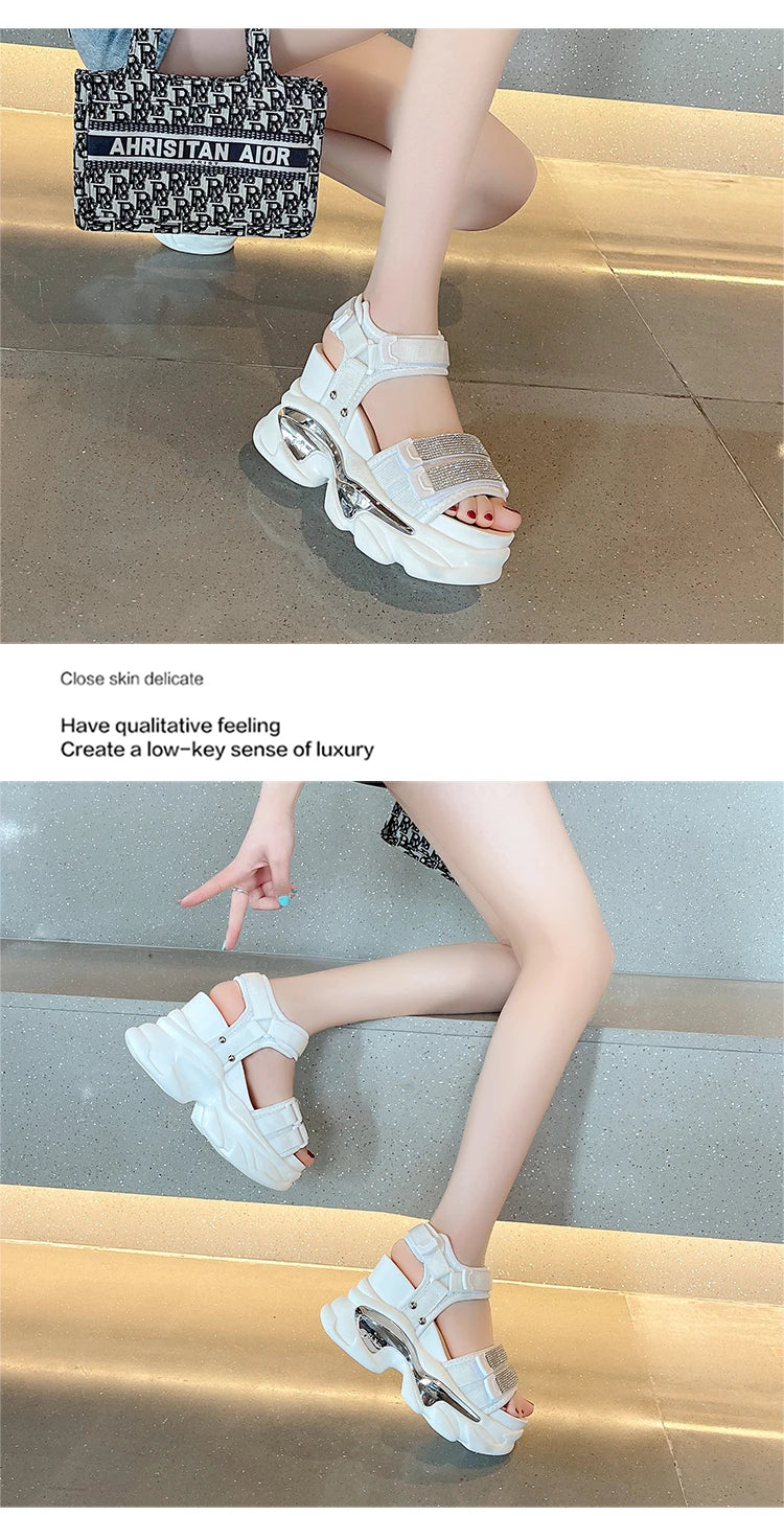 Summer High Platform Women Sandals Buckle 10CM Wedges Bling Shoes Fashion 2023 Outside Chunky Sandals Beach Casual Slides Woman