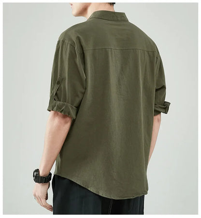 Line Shirt Men's Short-sleeved White Shirt Loose Chinese Style Summer Cotton Linen Casual Jacket Men's Quarter-sleeved Top