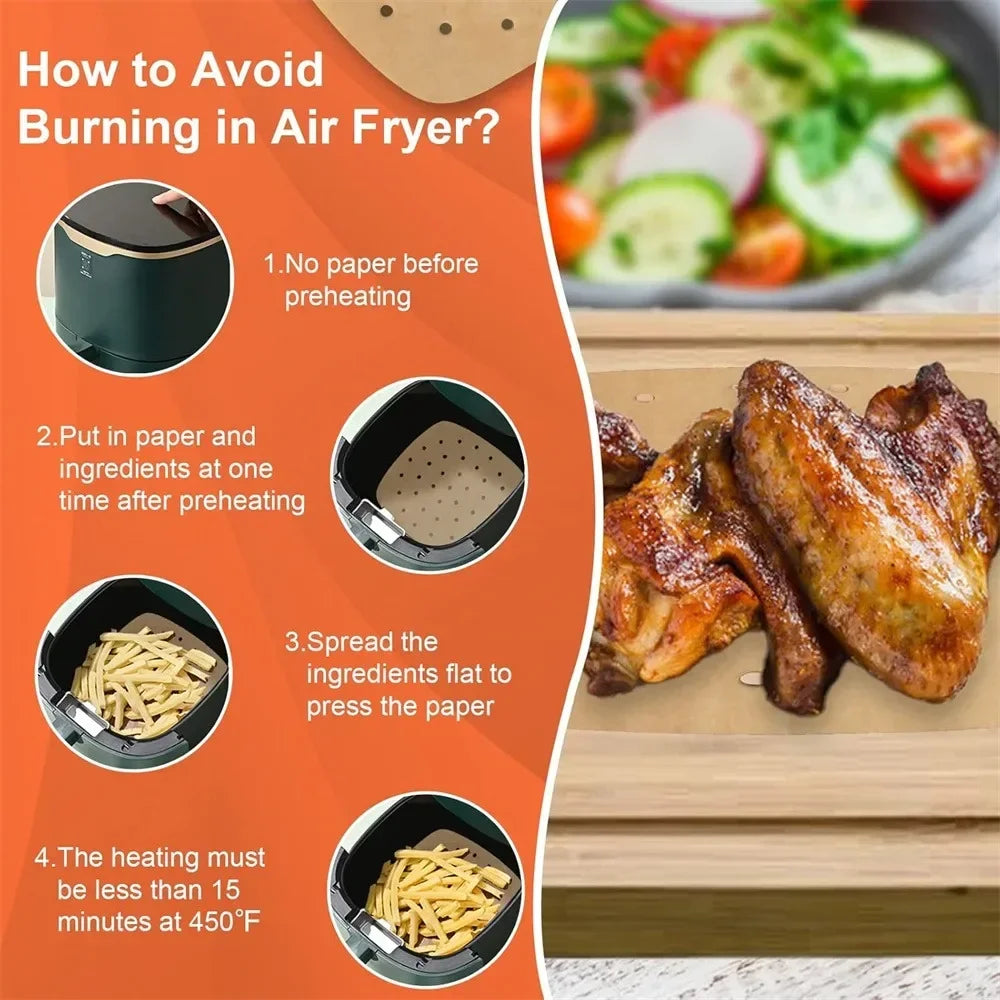 100/Pcs Air Fryer Parchment Paper Liners 23cm Perforated Disposable Air Fryer Liners Square Parchment Paper Kitchen Tools