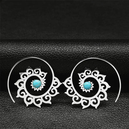 Vintage Ethnic Indian Carved Mandala Flower Dangle Earrings Stainless Steel Stone Boho Hollow Earring Jewelry pendientes flor