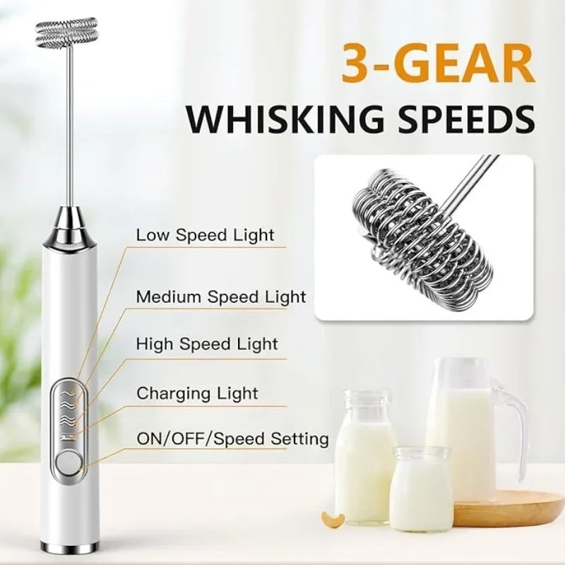 1pcs Coffee Milk Frother Blender 3 Speeds Adjustable Handheld Milk Frother Stainless Steel Electric Milk Frother USB Recharge