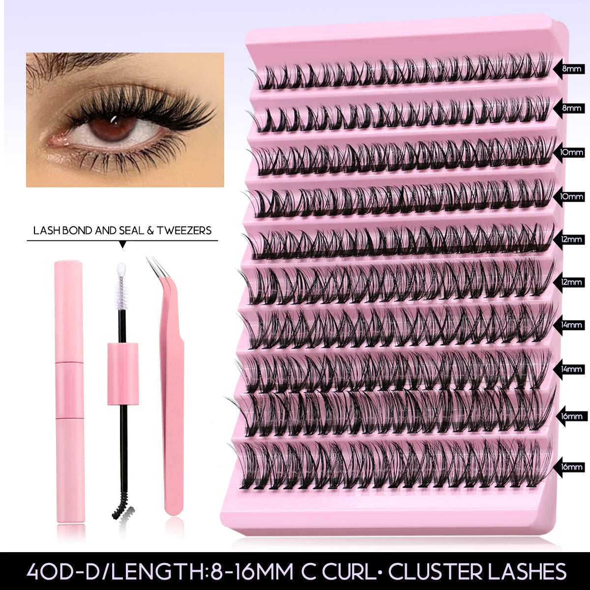 GROINNEYA DIY Lash Extension Kit Volume Lash Clusters Individual Lashes Thick Eyelash Extension Lash Bond & Seal & Lash Tweezers