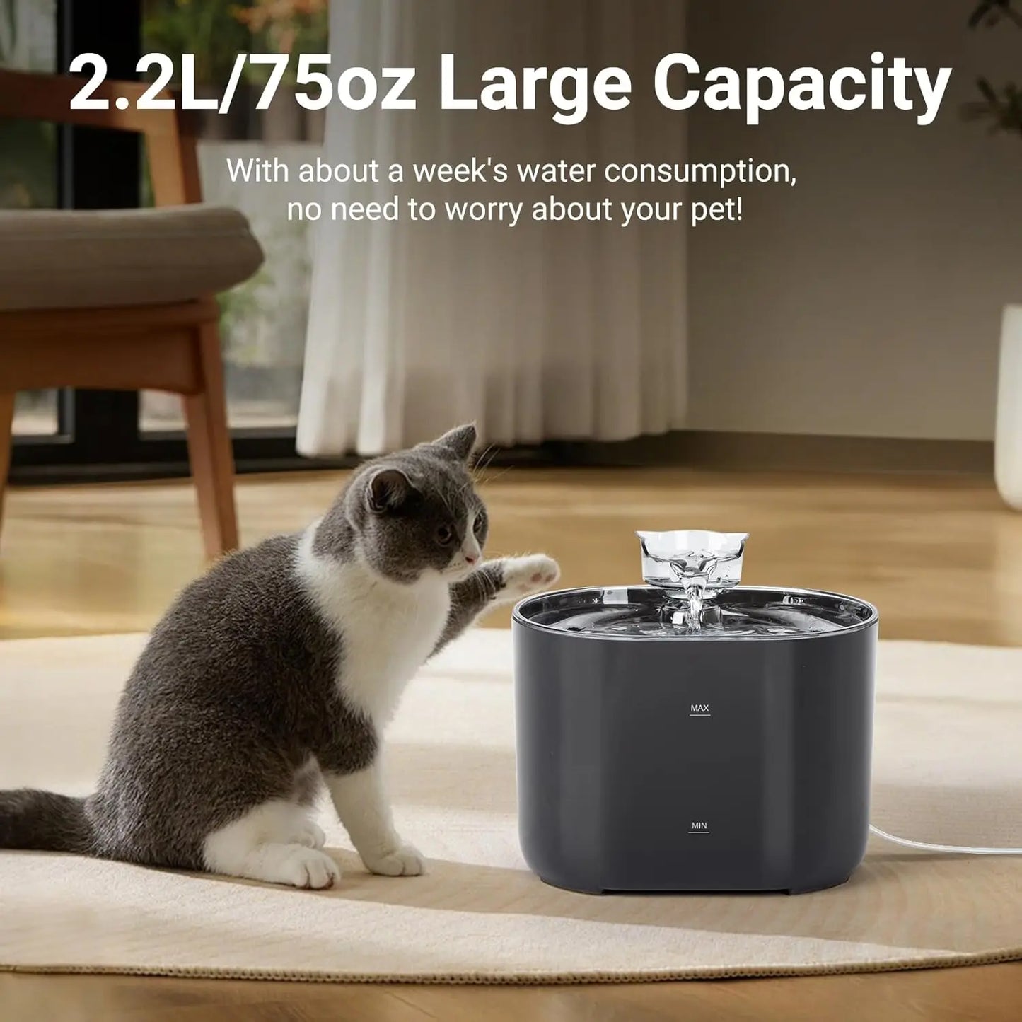 2.2L Water Fountain for Cat Auto Filter Cat Drinker with USB Silent Recirculating Water Dispenser for Cats Pet Water Feeder