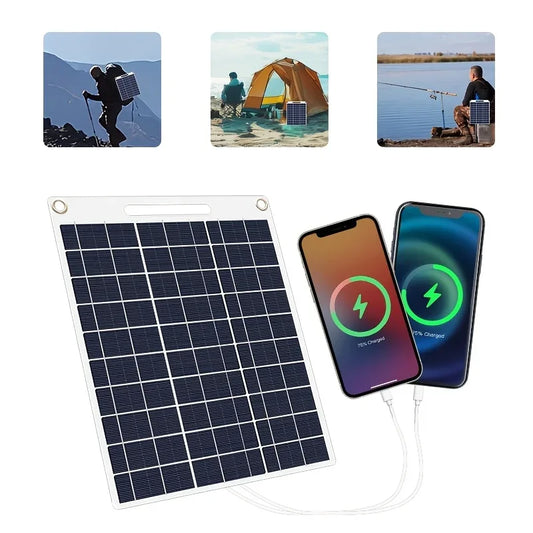 Portable solar power bank with two USB ports, suitable for outdoor camping, charging mobile phones or other electronic devices.