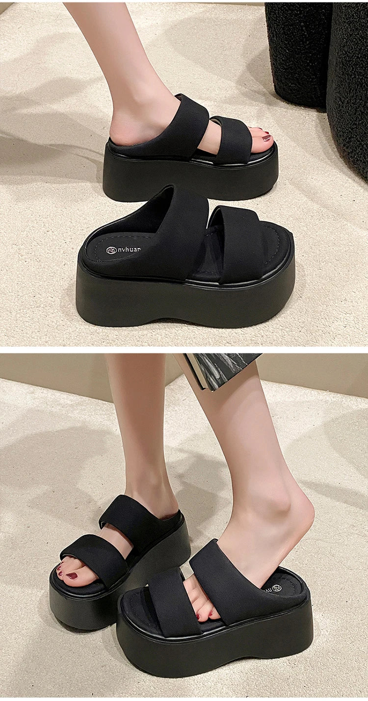 Summer 2023 Chunky Sandals Women's Thick Bottom Wedge Heels Slides 8CM High Heels Platform Leather Casual Beach Flip Flops Woman